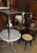 Two bar stools with bar backs together with a metal and beregere chair, a part set of golf clubs,