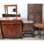 A 20th century television cabinet in the form of a side cabinet together with an oak stool,
