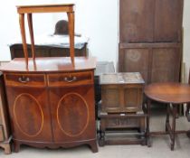 A 20th century television cabinet in the form of a side cabinet together with an oak stool,
