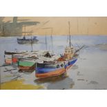 Chris Leach Boats in a harbour Watercolour Together with other pictures and a gilt wall mirror