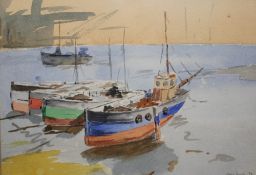 Chris Leach Boats in a harbour Watercolour Together with other pictures and a gilt wall mirror