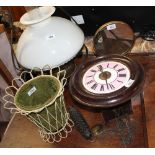 A postmans wall clock together with a hanging oil lamp etc