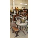 A brass coal scuttle together with a bedwarming pan, fire irons, garden sieve, oak occasional table,