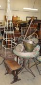 A brass coal scuttle together with a bedwarming pan, fire irons, garden sieve, oak occasional table,