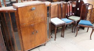 A 20th century walnut cocktail/ display cabinet together with a nest of three tables and three