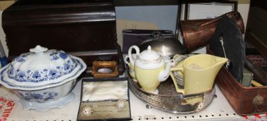 A cased sewing machine together with a tureen and cover, cased hat pins, copper pitcher,