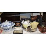 A cased sewing machine together with a tureen and cover, cased hat pins, copper pitcher,