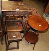 Two oak joynt stools together with a mahogany two tier occasional table