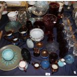 Copper lustre jugs together with an etched glass jug, studio pottery,