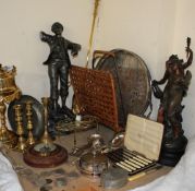 A pair of spelter figures together with brass candlesticks, brass wares, barometer, magazine rack,