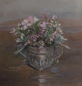 Barbara Wills Flowers in silver porringer Watercolour Signed