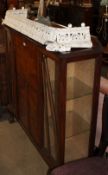 A walnut bureau display cabinet together with a painted fire fender and a wash dolly