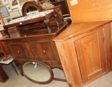 An oak mirrorback sideboard together with a pine hanging corner cupboard,