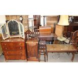 A 20th century chest of drawers together with a gilt decorated triptych mirror,