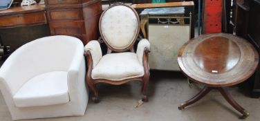 A Victorian walnut framed library chair together with an upholstered chair, a brass fire screen,