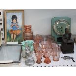 An Art Deco style glass decanter and glasses, together with an iron, Smiths wall clock, pictures,