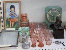 An Art Deco style glass decanter and glasses, together with an iron, Smiths wall clock, pictures,