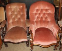 A Victorian spoon back nursing chair with scrolling legs and casters together with another