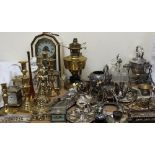 Three brass cased carriage timepieces together with brass candlestick, oil lamp, mantle clock,