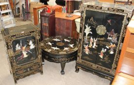 A Japanese black lacquer hardstone inset side cabinet together with a similar cupboard and coffee