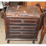 A 20th century piano stool with drop front drawers to the base