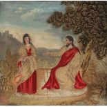 A 19th century silkwork picture of Rebecca at the well together with a 19th century oval woolwork