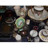 A flash glass bowl together with a pottery jug and basin set, plates, clocks,