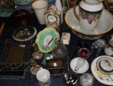 A flash glass bowl together with a pottery jug and basin set, plates, clocks,