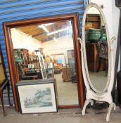 A large overmantel mirror together with a cream cheval mirror and four prints