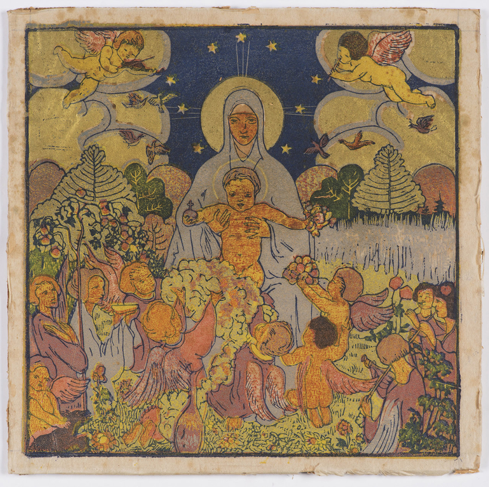 JOSEF VACHAL (1884-1969): MADONNA WITH ANGELS 1912; Bohemia, Prague 23x23 cm Color wood engraving on