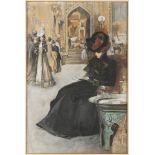 JAN DEDINA (1870-1955): AT A PARISIAN EXHIBITION 1900 39,5x26 cm Gouache on cardboard. Signed