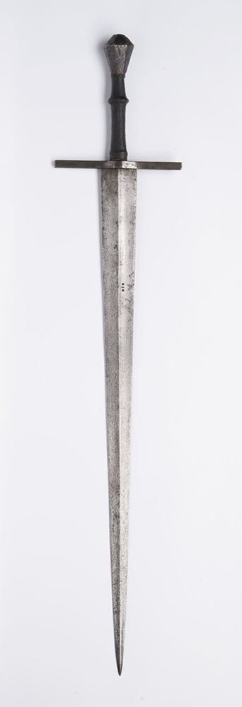 A GOTHIC SWORD 98 cm Iron, leather, wood. A Gothic longsword (Langschwert), blade marked Italy.