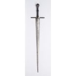 A GOTHIC SWORD 98 cm Iron, leather, wood. A Gothic longsword (Langschwert), blade marked Italy.