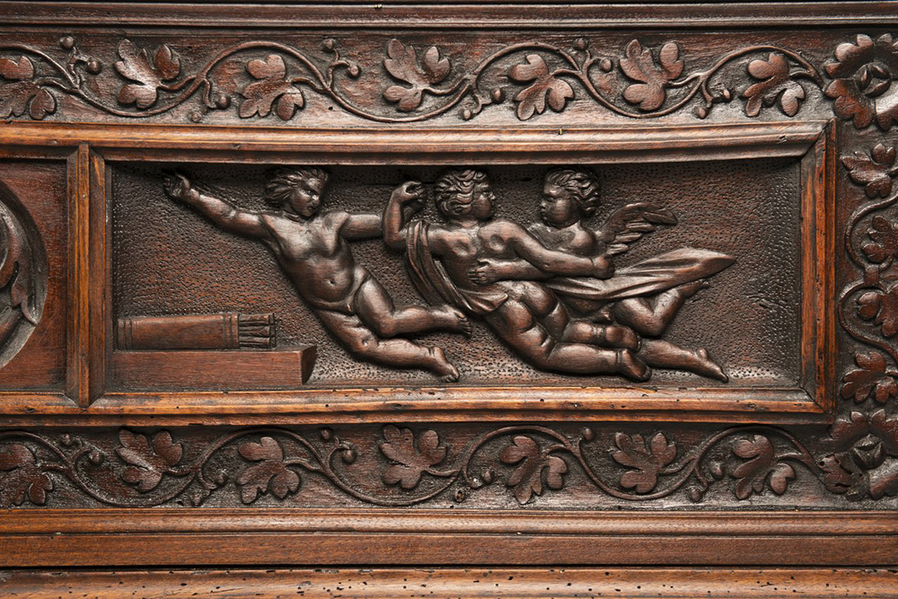 A MANNERIST CHEST Early 17th century; Northern Italy 57x168x52 cm Walnut. A richly carved - Image 3 of 4