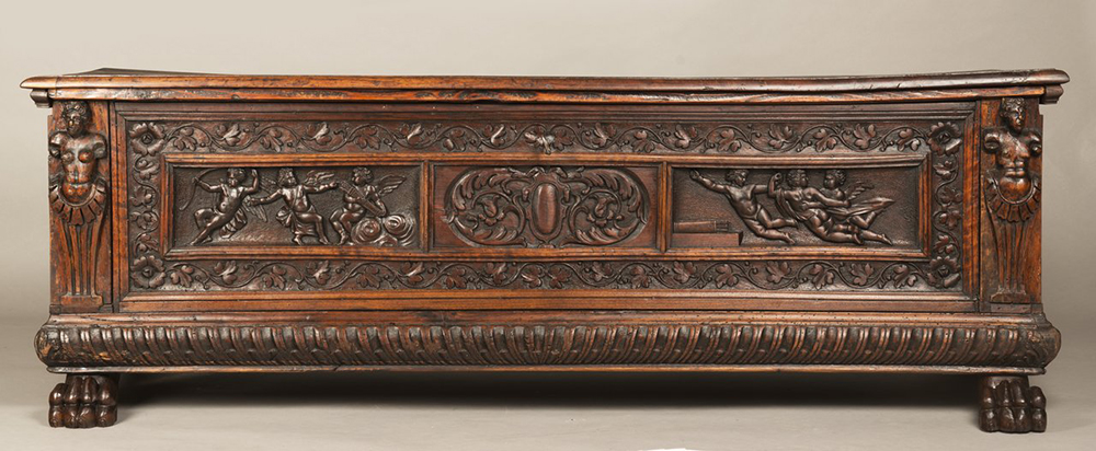 A MANNERIST CHEST Early 17th century; Northern Italy 57x168x52 cm Walnut. A richly carved - Image 2 of 4