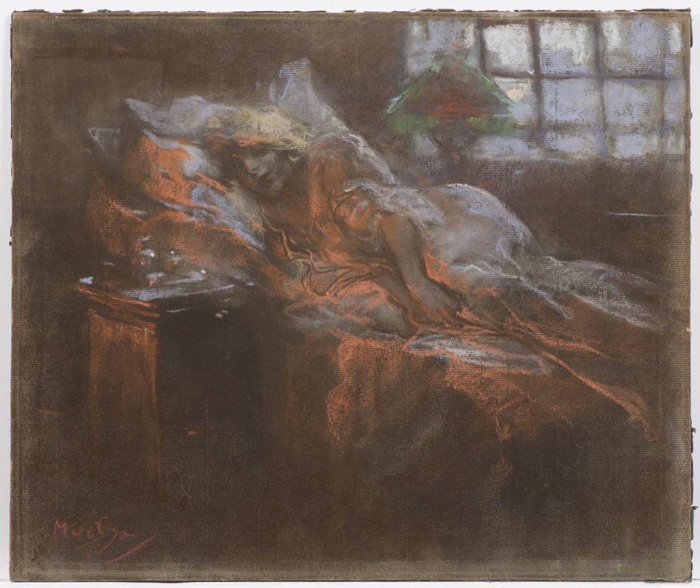 ALFONS MUCHA (1860-1939): DREAMING Around 1900 32,2x38,3 cm Pastel on grey paper. Signed lower