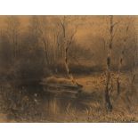 JULIUS MARAK (1832-1899): WOODED POND AT EVENING 1872-1875 24x30,5 cm Charcoal on paper. Signed