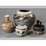 A MISCELLANEOUS COLLECTION OF STONEWARE ITEMS, comprising a ginger jar, covered bowl and two