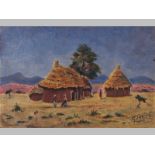 GERHARD ENGELBERT ALERS (1887 - 1971), BASUTO HUTS IN LANDSCAPE, oil on board, signed, 30 by 46cm.