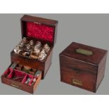 A 19TH CENTURY MAHOGANY APOTHECARY CASE, fitted with numerous divisions and a shallow drawer, tin