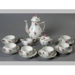 A 20TH CENTURY VIENNA ROSE HEREND COFFEE SERVICE, comprising coffee pot, sugar bowl, creamer, six