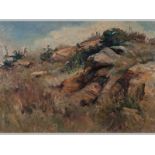 RUTH SQUIBB (1928 - 2012), ROCKY LANDSCAPE, oil on board, signed, 28 by 49cm.