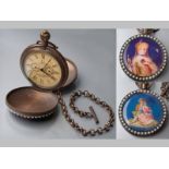 AN OMEGA BRASS FULL HUNTER POCKET WATCH, hinged cover with an enamel plaque depicting a lady in