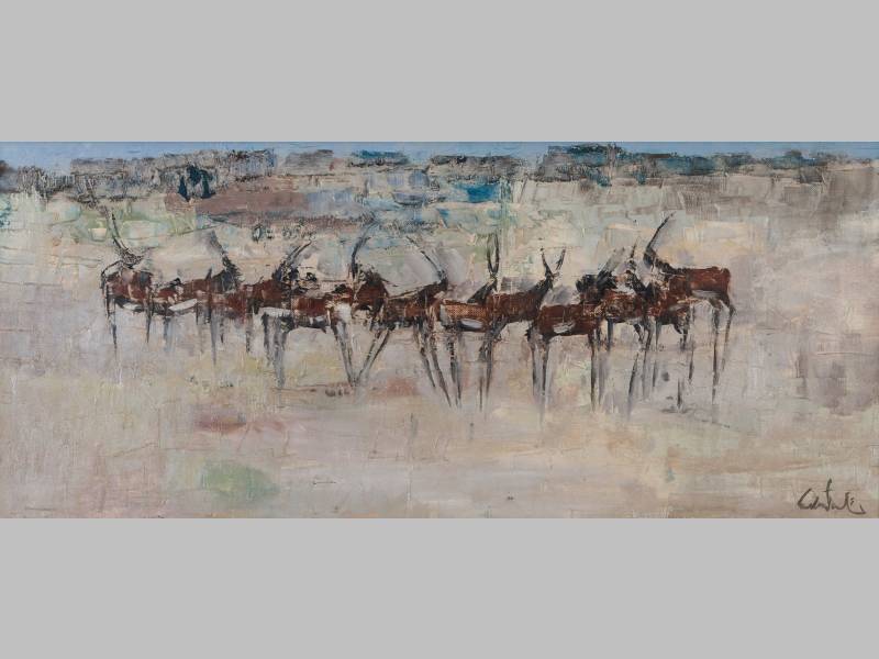 GORDON FRANK VORSTER (1924 - 1988), ORYXES, oil on board, signed, 30 by 75cm.