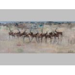 GORDON FRANK VORSTER (1924 - 1988), ORYXES, oil on board, signed, 30 by 75cm.