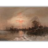 C.H. FERRISS (20TH CENTURY) FRENCH, SNOWY LANDSCAPE AT SUNSET, oil on canvas, signed, 68 by 97cm.