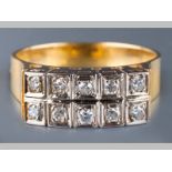AN 18CT YELLOW GOLD AND DIAMOND RING, twin rows comprising five diamonds each, in square frames,