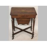 A LATE VICTORIAN ROSEWOOD WORK TABLE, the cantered top embellished with a shell inlay lifting to