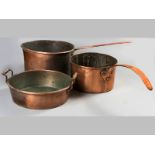 TWO LARGE 19TH CENTURY COPPER COOKING PANS AND A JAM POT, 35cm diameter, 20cm high (largest), (3).