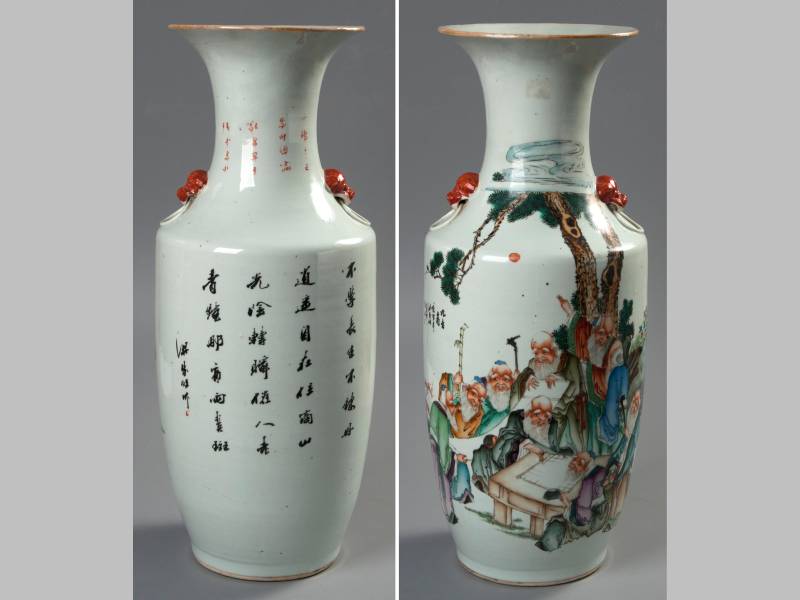 A CHINESE FAMILLE ROSE BALUSTER VASE, decorated with sages playing "Go", and studying a scroll